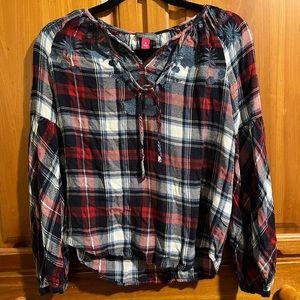 Red White and Blue Plaid Flannel Shirt w/ Bishop Sleeves and Floral Embroidery!!